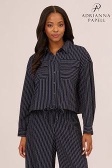 Adrianna Papell Blue Pinstripe Button Up Woven Drawstring Jacket