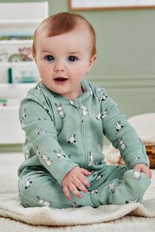 JoJo Maman Bébé Green Bunny Print Zip Cotton Baby Sleepsuit (B79717) | kr420