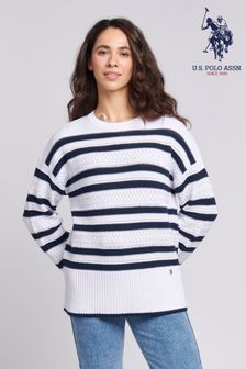 U.S. Polo Assn. Oversized Womens Blue Pointelle Knit Jumper