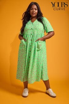 Yours Curve Green Daisy Print Smock Midaxi Dress (B80267) | LEI 203