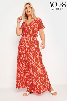 Yours Curve Orange Ditsy Floral Print Wrap Maxi Dress (B80527) | €53