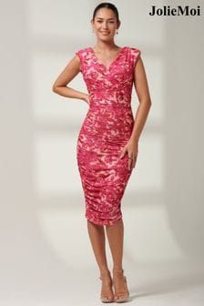 Jolie Moi Pink Pamela Ruched Mesh Bodycon Dress (B80616) | $134