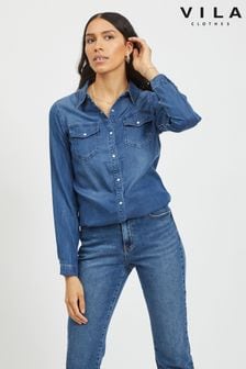 VILA Dark Blue Pocket Detail Lightweight Denim Shirt (B80730) | $110
