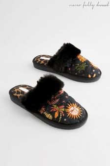 Never Fully Dressed Black Leopard Print Mule Slippers (B80734) | $68