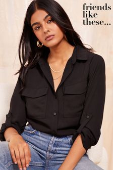 Women s Black Long Sleeve Utility Casual Tops Next Oman