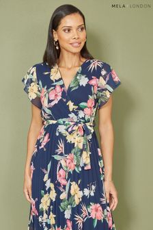 Mela Blue Floral Print Pleated Wrap Skater Dress (B81350) | kr519