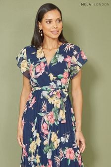 Mela Blue Floral Print Pleated Wrap Skater Dress (B81350) | $69