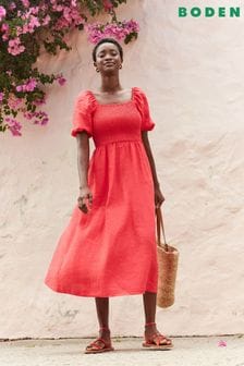 Boden Red Sky Smocked Linen Midi Dress (B81450) | AED749