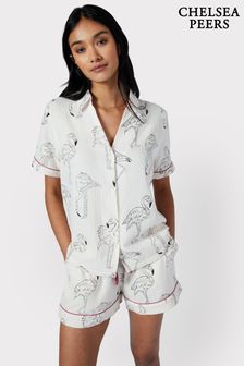 Chelsea Peers Cream Cotton Cheesecloth Flamingo Sketch Print Short Pyjama Set (B81727) | 287 SAR