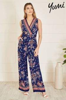 Yumi Blue Paisley Border Print Wrap Jumpsuit (B82338) | $108