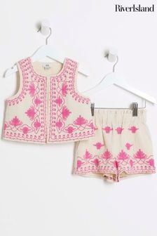 River Island Pink Girls Embellished Waistcoat and Shorts Set (B82877) | AED170