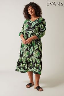 Evans Curve Green Palm Print Tiered Midi Dress (B83084) | $81