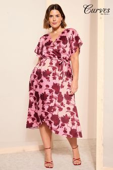 Curves Like These Pink Satin Flutter Sleeve Wrap Midi Dress (B83282) | €55