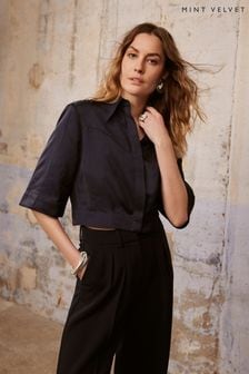 Mint Velvet Blue Navy Coated Cropped Shirt (B83442) | AED549