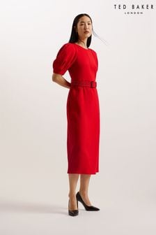 Ted Baker Gabyela Red Puff Sleeve Midi Dress With Belt (B83550) | $270