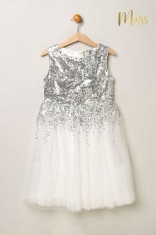 Weiß - Miss Paillettenbesetztes Kleid mit Tüllrock, Schleife und Wasserfalldesign, Natur (B84119) | 59 €