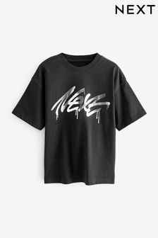 Negru - Relaxed Fit Short Sleeve Foil Print T-shirt (3-16ani) (B84211) | 66 LEI - 91 LEI