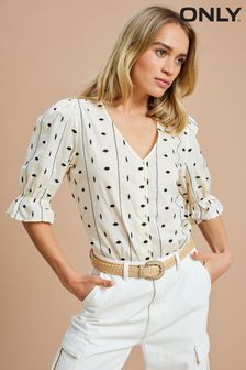 ONLY Embroidered Short Sleeve Button Up Blouse