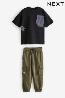 Black/Khaki Green - Utility 100% Cotton Short Sleeve T-shirt And Joggers Set (3-16yrs) (B84555) | 135 zł - 185 zł