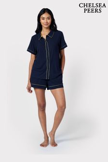Chelsea Peers Navy Ribbed Short Button Up Pyjama Set (B84728) | €51