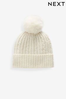 Cream/Gold Pom Cable Knit Beanie Hat (3-16yrs) (B84803) | $10 - $15