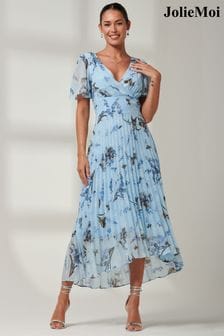Jolie Moi Light Blue Floral Pleated Dip Hem Chiffon Maxi Dress (B84811) | OMR41