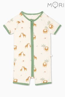 MORI Cream Organic Cotton & Bamboo Giraffe Print Zip Up Sleepsuit (B84825) | SGD 55
