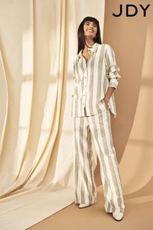 JDY White Stripe Linen Blend Relaxed Long Sleeve Shirt (B85024) | HK$360