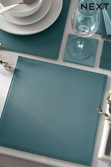 Set of 4 Teal Blue Reversible Faux Leather Placemats and Coasters Set (B85372) | $32