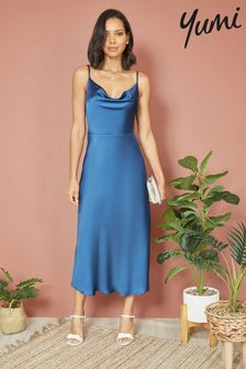 Yumi Blue Satin Cowl Neck Midi Dress (B85643) | AED305