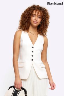 River Island Cream Button Front Longline Fitted Waistcoat (B85812) | AED255