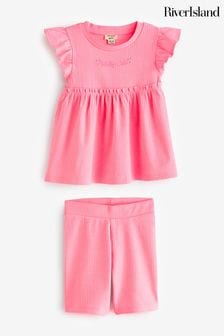 River Island Pink Girls Rib Peplum Top And Shorts Set (B85904) | $24