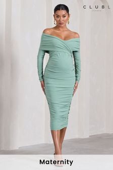 Club L London Green Maternity Davina Ruched Twist Bardot Long Sleeve Midi Dress (B85985) | ￥11,450