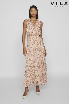 VILA Pink Floral Ruffle Tiered Maxi Occasion Dress (B86078) | 293 SAR