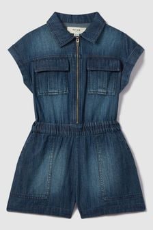 Reiss Blue Josie Teen Denim Zip-Front Playsuit (B86094) | $111