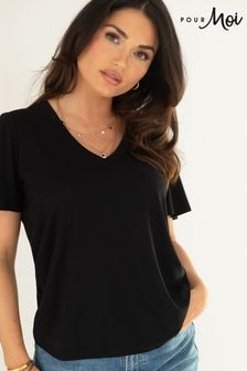 Pour Moi Black Serena V-Neck Jersey T-Shirt with LENZING™ ECOVERO™ Viscose (B86175) | $43