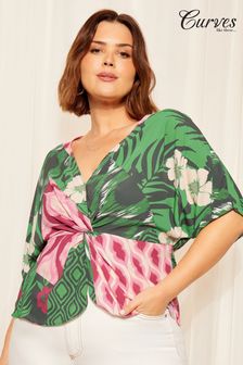 Curves Like These Green Twist Front V Neck Short Sleeve Top (B86208) | NT$1,630