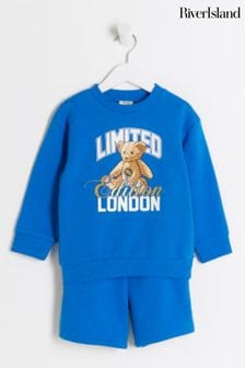 River Island Blue Mini Boys Bear Sweat Shorts Set (B86217) | SGD 39