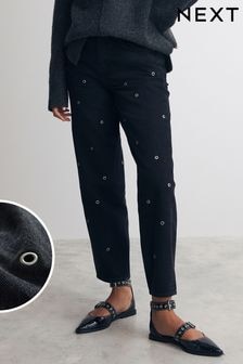 Washed Black Eyelet Detail Barrel Leg 100% Cotton Jeans (B86583) | $83