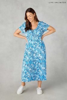 Live Unlimited Blue Petite Floral Jersey Tie Front Midi Dress (B86667) | $101