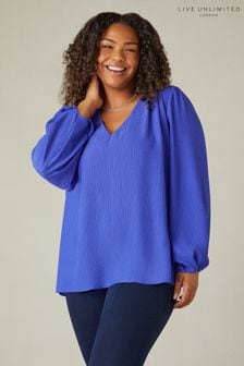 Live Unlimited Curve - Blue Textured V-Neck Blouse (B86971) | kr766