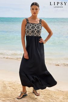 Lipsy Black/White Petite Crochet Mix Cami Holiday Shop Maxi Dress (B87139) | 224 QAR