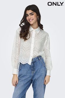 ONLY White Broderie Long Sleeve Shirt With Scallop Edge (B87148) | $88