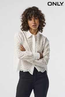 ONLY Broderie Long Sleeve Shirt With Scallop Edge