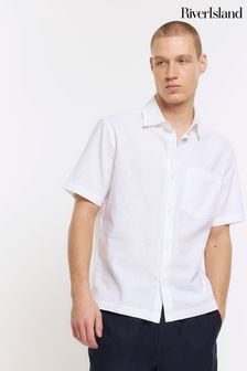 River Island White River Island Short Sleeve Regular Fit Linen Shirt (B87575) | NT$1,400