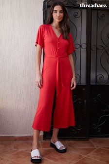 אדום - Threadbare Jersey Flutter Sleeve Belted Jumpsuit (B87780) | ‏161 ‏₪