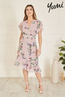 Yumi Pink Wrap Over Midi Dress With Frill Details And Matching Belt (B88183) | €82