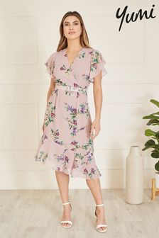 Yumi Wrap Over Midi Dress With Frill Details And Matching Belt