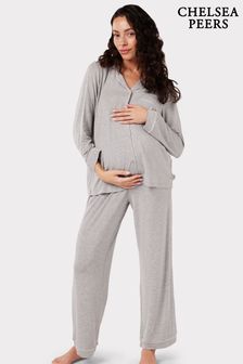 Chelsea Peers Grey Maternity Maternity Modal Button Up Long Pyjama Set (B88403) | kr675