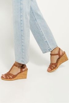 Dune London Brown Wide Fit Koali Plait T-Bar Wedge Sandals (B88498) | $137